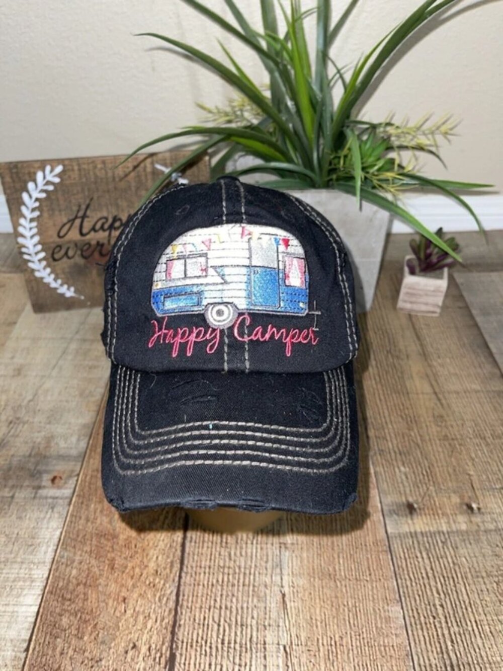 Happy camper baseball cap embroidered factory distressed vintage black hat